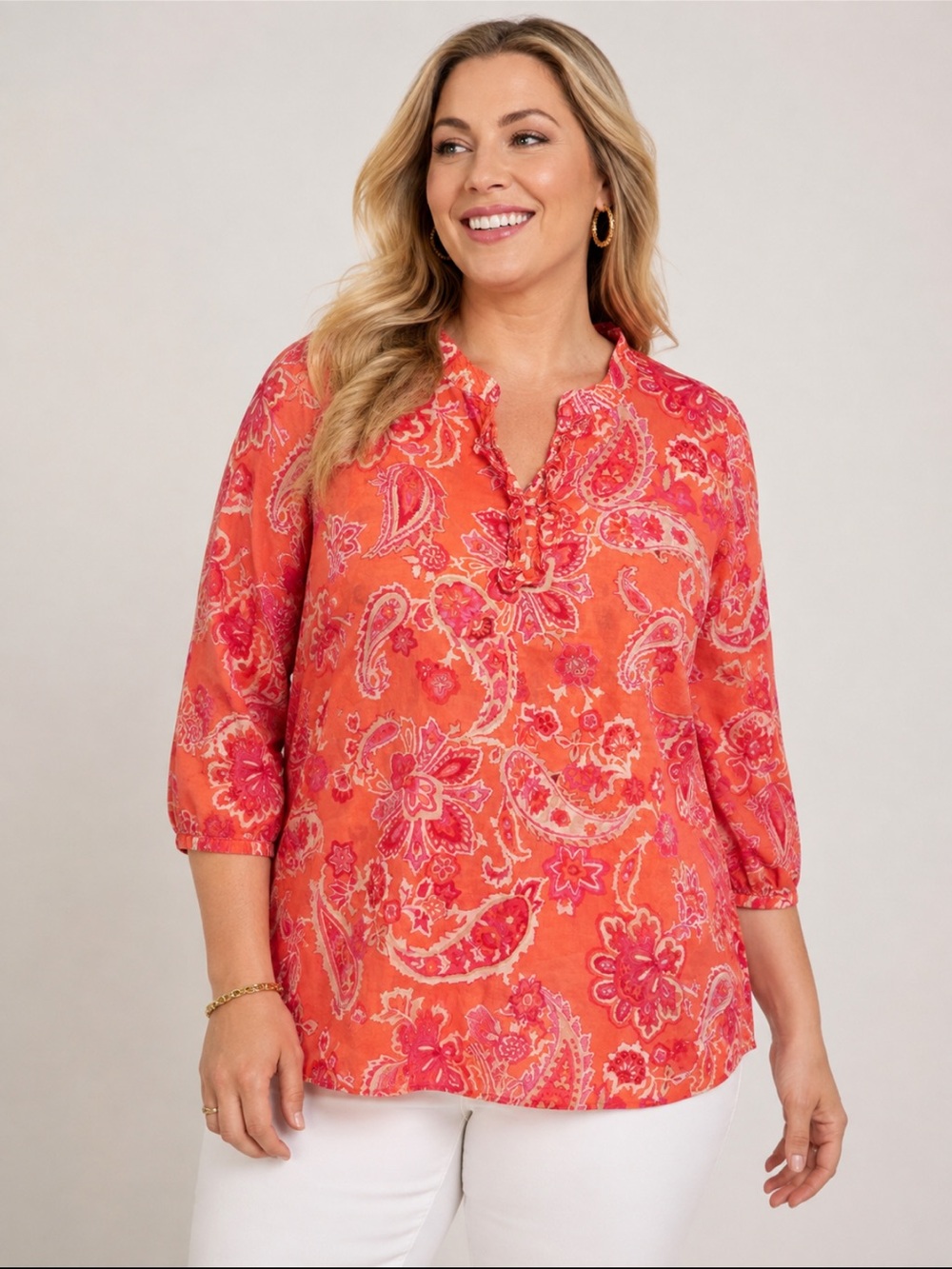 Talbots Woman 1X Coral Paisley Floral Blouse 100% Cotton 3/4 Sleeve